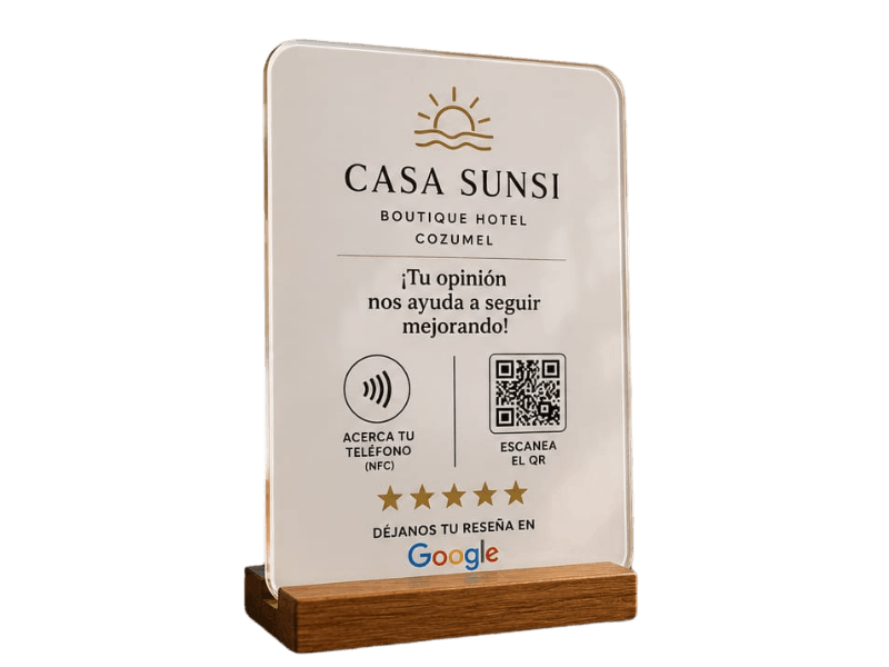 Placa premium NFC y código QR para obtener más reseñas en Google Business Profile y fortalecer el SEO Local de tu negocio.