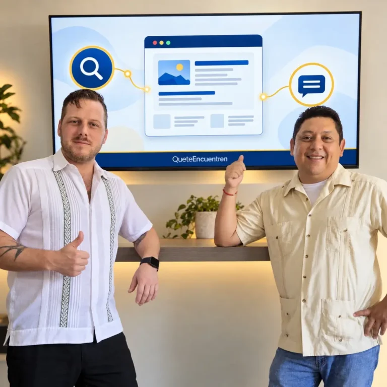 Kevin y Francisco de QueteEncuentren frente a un diagrama de búsqueda, sitio web y contacto que acompaña la guía «Mi página web no aparece en Google».
